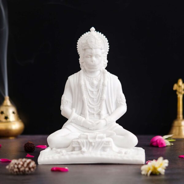 White Marble Lord Hanuman Sitting Statue with gada & Reading Book Decorative Showpiece